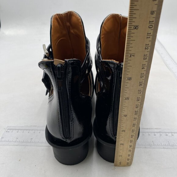 FOWT Black Pointed Toe Chelsea Chunky Heel Ankle Boot Hollow Cut Strappy Shoes - Picture 5 of 8